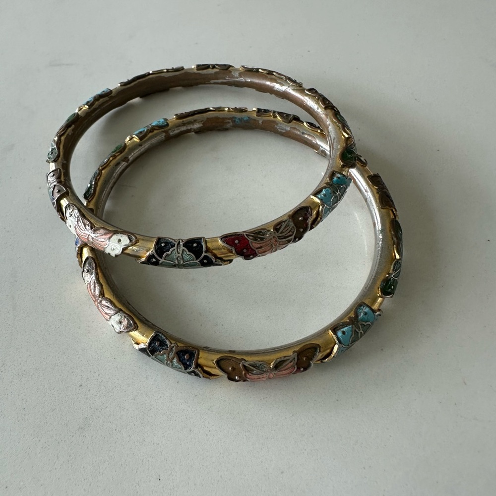 Vintage Chinese Cloisonné Gold and Multicolor Floral design Bangle Set (2).